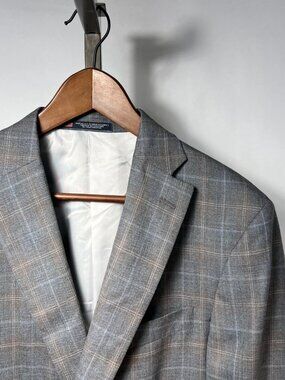 NWT WALTER MORTON 42R Plaid Grey/Blue/Brown 2 Btn 100% Worsted Wool Blazer